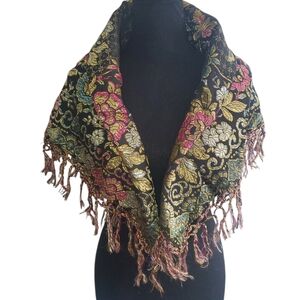 Floral Patterned Black and Gold Scarf